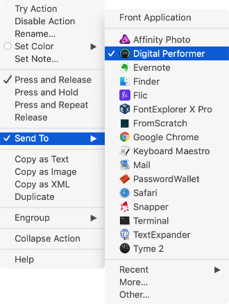 Selecting Digital Performer as the app to send the keystroke to